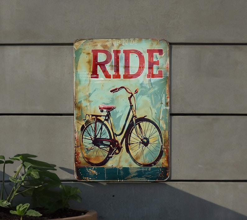 a rusted metal sign with a bicycle on it