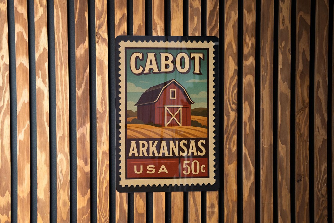 Cabot Arkansas Metal Sign – Retro Postage Stamp Design Featuring City ...