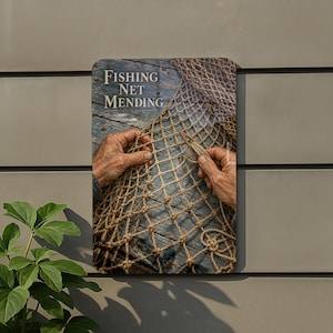 May include: A rectangular metal sign featuring a photograph of hands mending a tan fishing net with a wooden needle tool. The text Fishing Net Mending is printed in white serif font in the upper left corner against a weathered blue wood background.