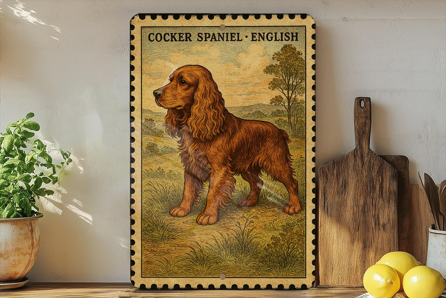 English Cocker Spaniel Vintage Stamp Style Metal Sign, Cocker Spaniel ...