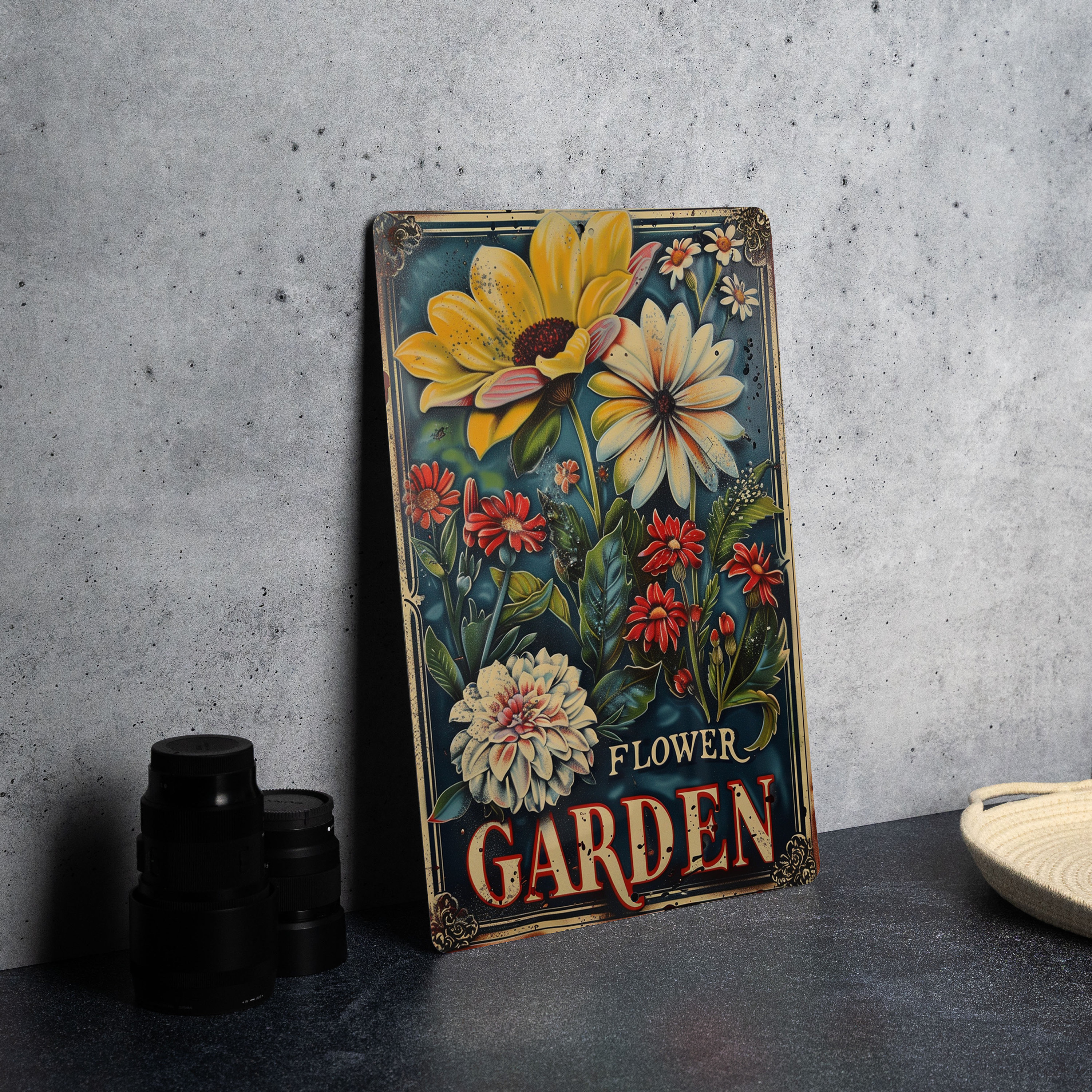 Rustic Flower Garden Metal Sign, Vintage Style, Elegant Font, Garden Frame, Flower Illustration