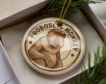 Proboscis Monkey Ceramic Ornament – Round Wildlife Stamp Art, Unique Animal Lover Gift, Handcrafted Nature Decor