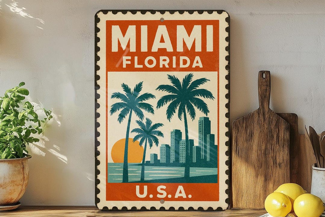 Miami Signs Fun Miami Florida Stamp Style Metal Sign – Vintage Travel Poster Wall Art ...