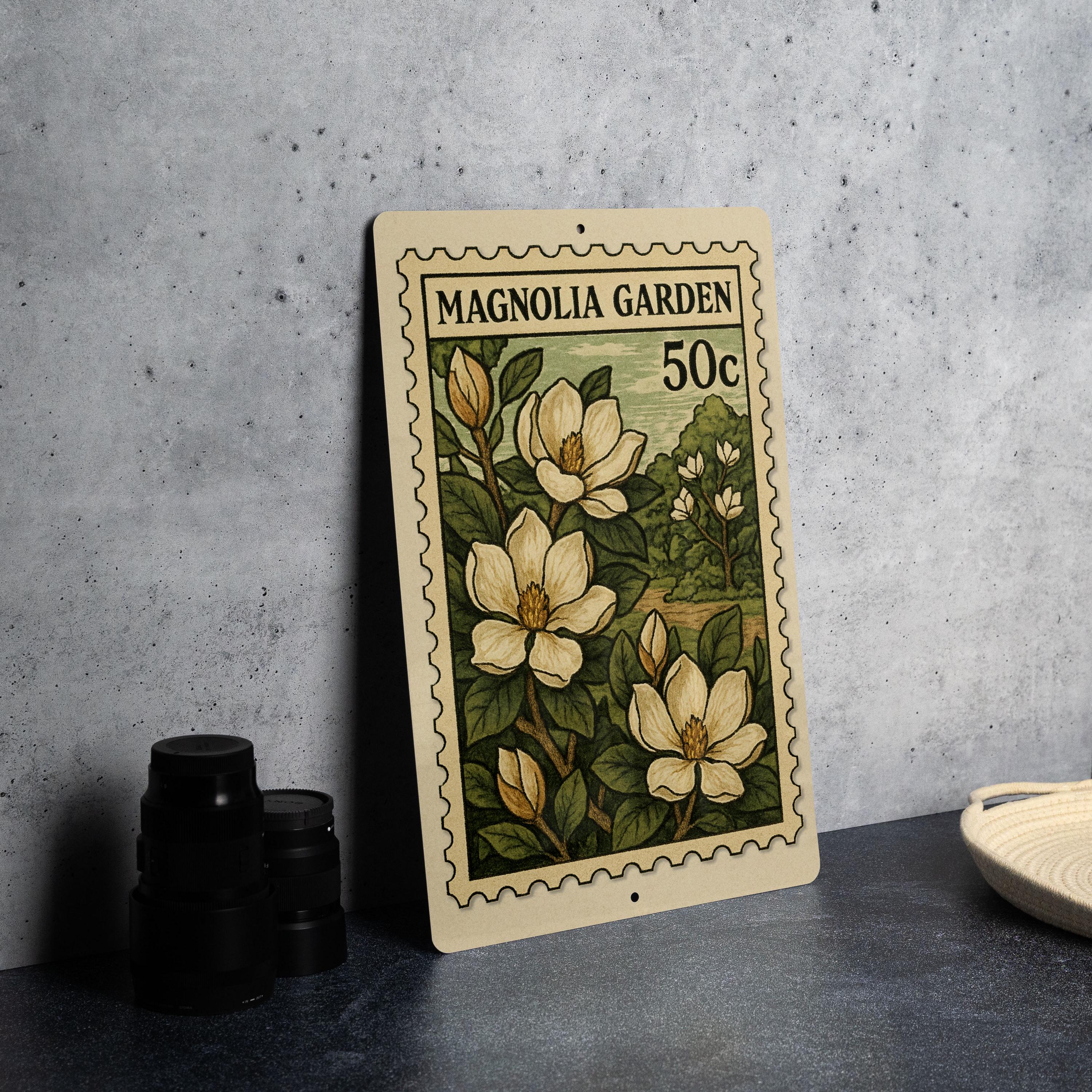 Magnolia Garden Metal Sign – Vintage Stamp Style Wall Art for Home ...