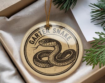 Garter Snake Ceramic Ornament – Circular Nature Stamp Style Reptile Art, Wildlife Decor, Rustic Animal Christmas Gift