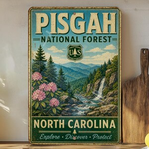 A vintage-style sign for Pisgah National Forest in North Carolina, featuring a scenic mountain landscape with a waterfall.