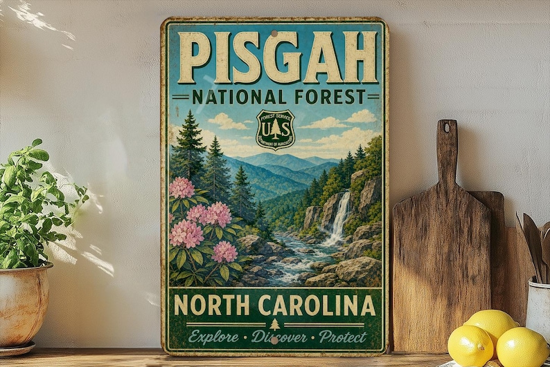 A vintage-style sign for Pisgah National Forest in North Carolina, featuring a scenic mountain landscape with a waterfall.