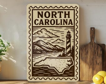 North Carolina Stamp Style Metal Sign – Vintage State Art, Rustic Wall Decor, NC Home Accent, License Plate Look