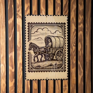 Vintage Horse Drawn Wagon Metal Sign – Rustic Western Decor, Farmhouse Wall Art, Antique Stamp Style Illustration
