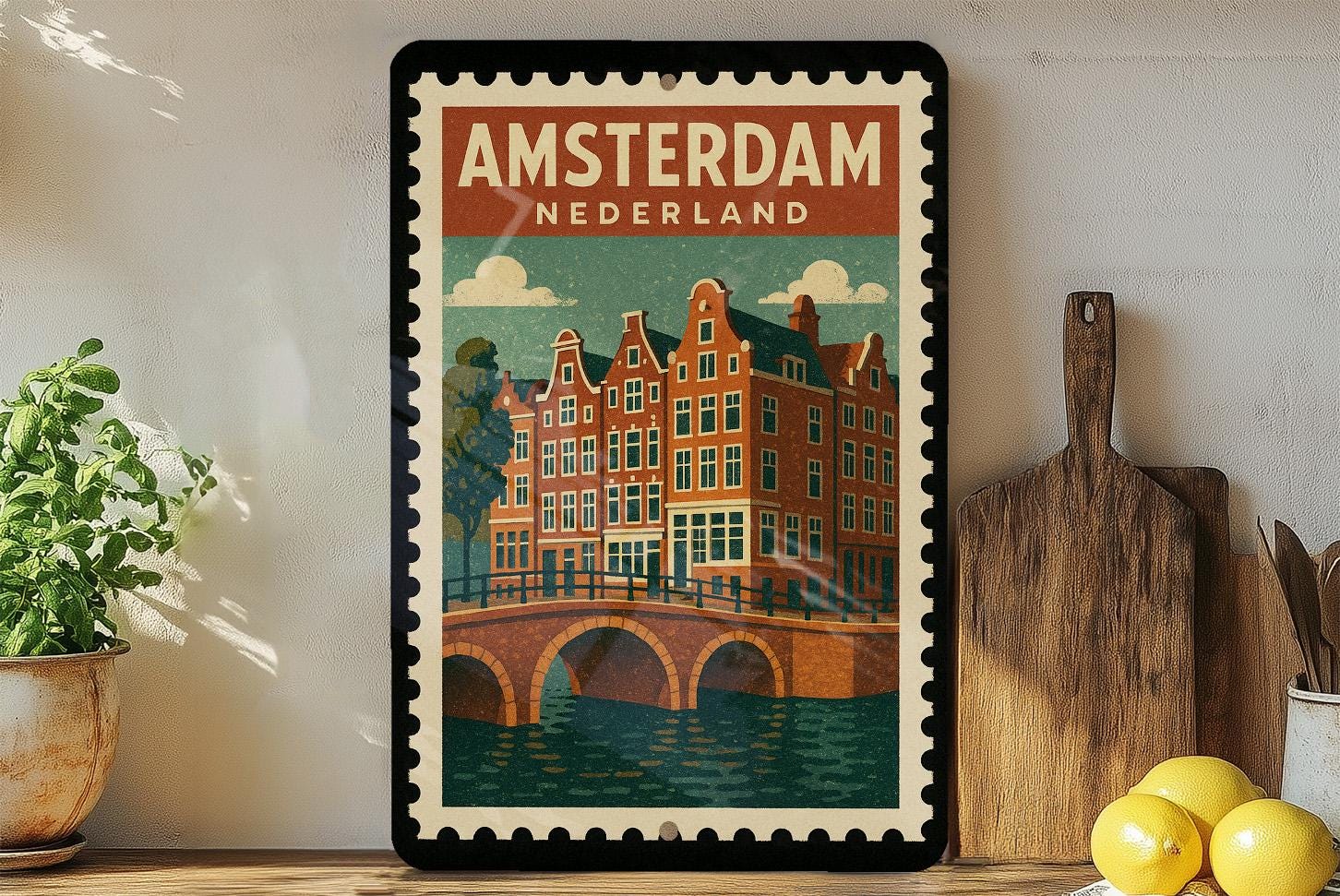 Amsterdam Netherlands Vintage Stamp Metal Sign – Retro Wall Art