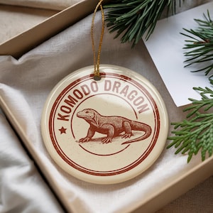 Komodo Dragon Ceramic Ornament – Circular Stamp Style Wildlife Art, Reptile Lover Gift, Handcrafted Animal Decor
