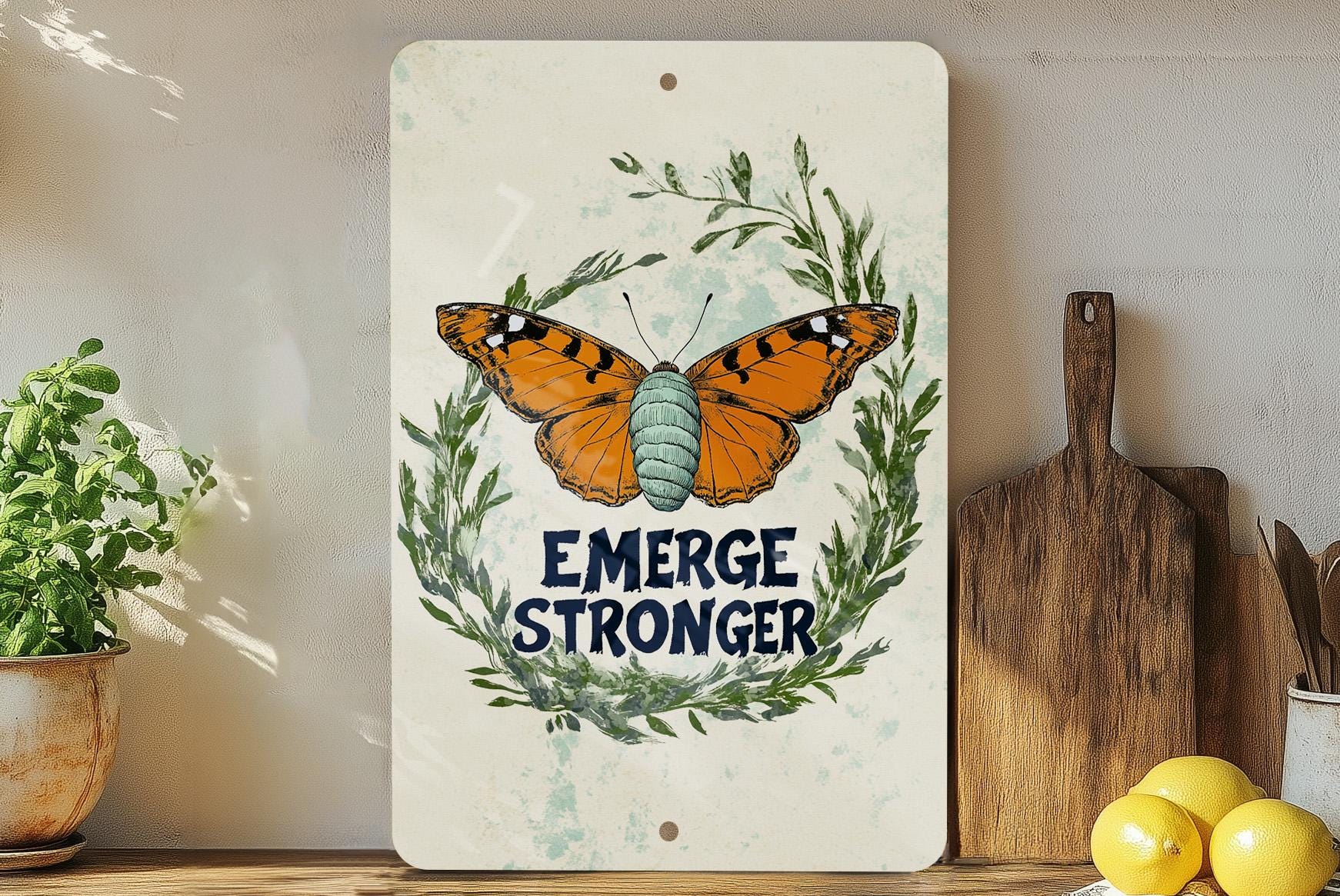 Resilient Signs Resilient Transformation Metal Sign, Butterfly Wall Art, Olive Wreath ...