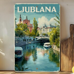 Retro Ljubljana Travel Poster Tin Sign – Vintage Metal Wall Art for Home Bar, Cafe, or Office Décor – European City Sign