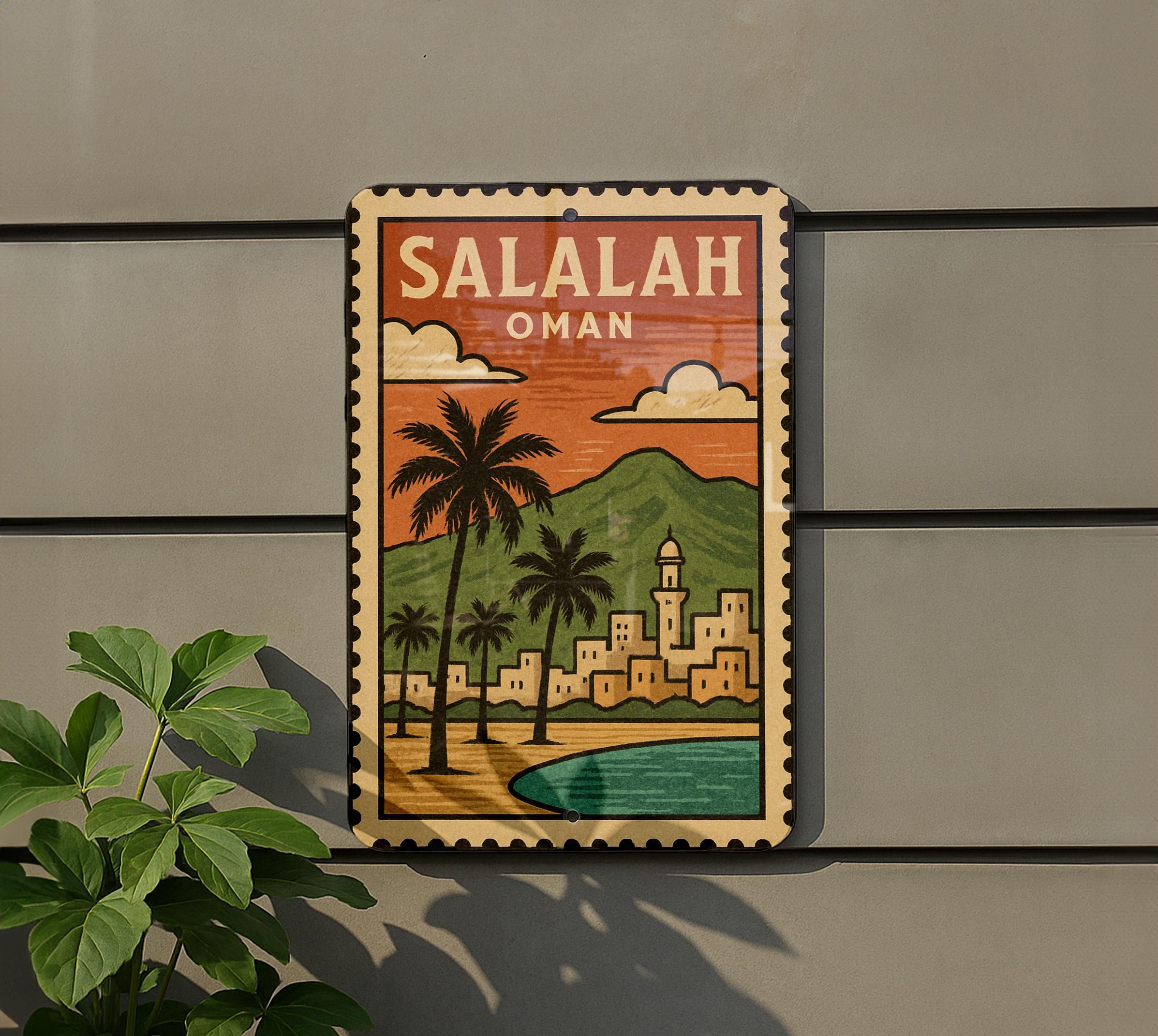 Retro Metalen Bord Muscat – Oman Souvenirplaatje 8x30 Cm, Ophangbaar, Weerbestendig, Leuk Voor Boerderij Of Veranda 4 miniatura