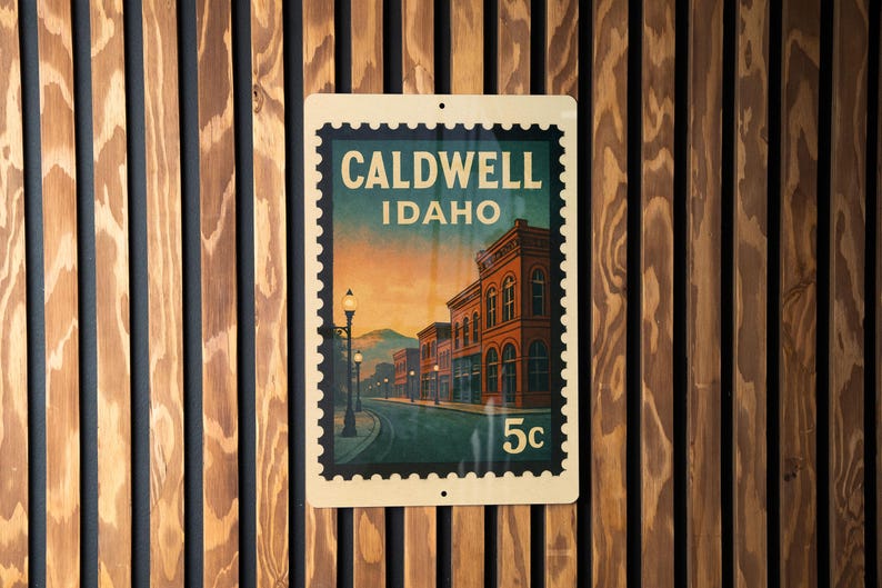 A vintage-style postage stamp from Idaho featuring a street scene with buildings and a lamppost.