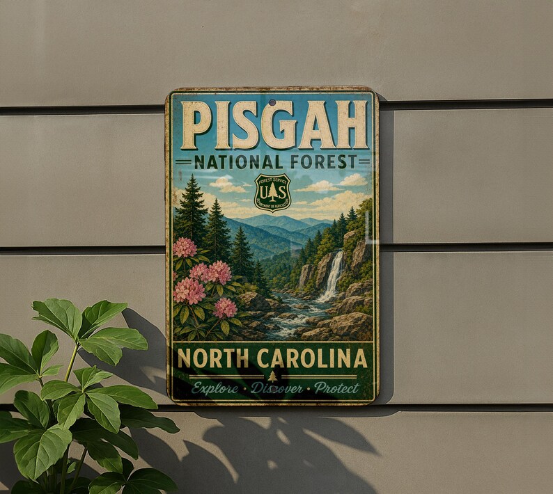 A vintage-style metal sign for Pisgah National Forest in North Carolina, featuring a scenic landscape with pine trees, a waterfall, and pink flowers.