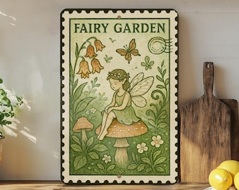 May include: A rectangular metal sign with a vintage postage stamp design. The sign features a fairy sitting on a mushroom, surrounded by flowers and foliage. The text "FAIRY GARDEN" is at the top. The color palette includes greens, browns, and oranges.