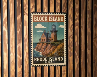 May include: A rectangular sign featuring a vintage-style illustration of Block Island, Rhode Island, with a lighthouse and a house on a cliff. The sign has a postage stamp design with the words "BLOCK ISLAND" and "RHODE ISLAND USA".