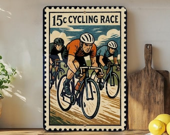 Vintage Cycling Race Metal Sign – Retro Bicycle Stamp Style Wall Art for Garage, Man Cave, or Bike Shop Decor