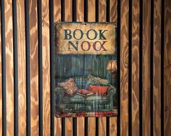 BOOK NOOK Vintage Style Metal Sign, Cozy Reading Spot, Warm Tones, Classic Border, Literary Font