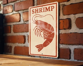 Shrimp Metal Sign | Vintage Seafood Kitchen Decor | Rustic Nautical Wall Art | Stamp Style Coastal Restaurant Sign