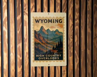 Wyoming High Country Overlook Metal Sign – Vintage Stamp Style Wall Art for Cabin, Lodge, Rustic Home Décor