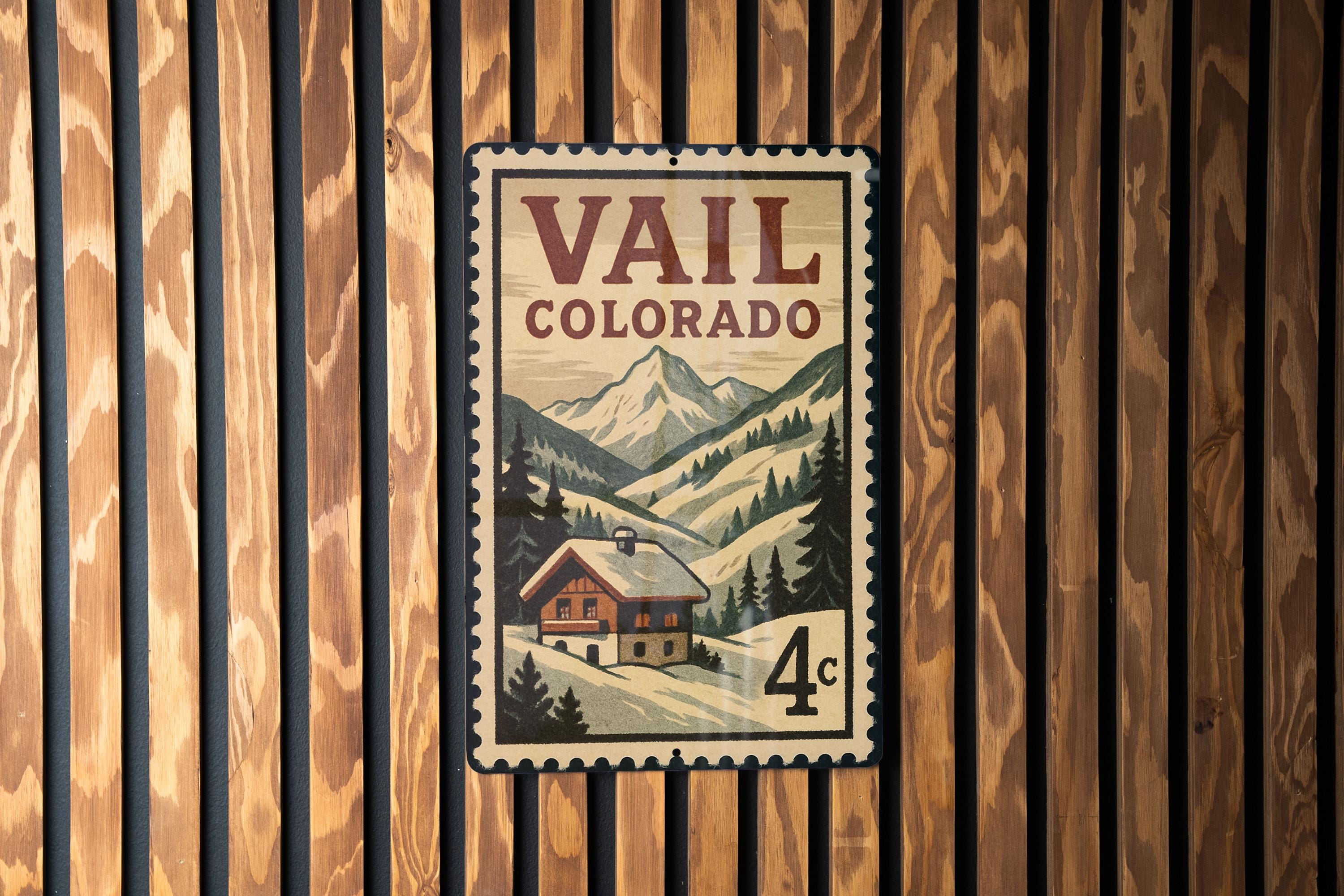 Vail Colorado Metal Sign Featuring Retro Postage Stamp Design of