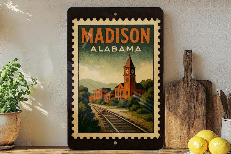 A framed vintage-style poster of Madison, Alabama, featuring a train track and a clock tower, is displayed on a shelf next to a wooden cutting board and a potted plant.