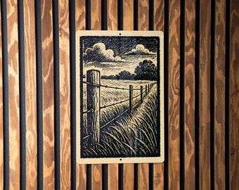 Rustic Fence Line View Metal Sign – Farmhouse Stamp Style Wall Art, Vintage Country Decor for Home, Barn, or Cabin