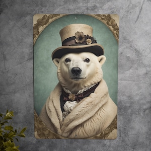 Victorian Portrait of a Polar Bear Metal Sign, Arctic Animal Art, Vintage Home Decor, Polar Bear Lover Gift, Elegant Wall Art