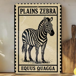 Plains Zebra Metal Sign Vertical | Vintage Stamp Style Wall Art | Rustic Safari Animal Decor for Home or Cabin