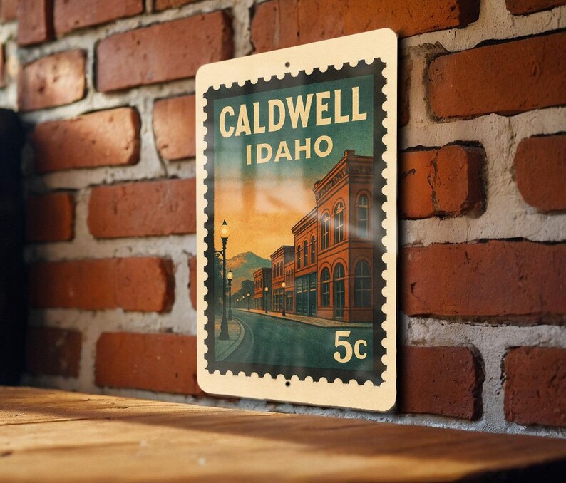 A metal sign with a vintage-style illustration of a street scene in Caldwell, Idaho, mounted on a brick wall.