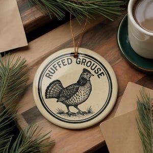 Ruffed Grouse Ceramic Ornament – Circular Stamp Style Wildlife Art, Rustic Woodland Bird Decor, Nature Lover Gift