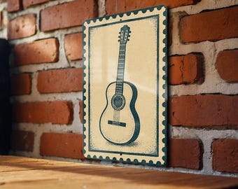 Classical Guitar Metal Sign – Vintage Stamp Style Wall Art for Music Room, Guitarist Decor, Rustic Music Lover Gift