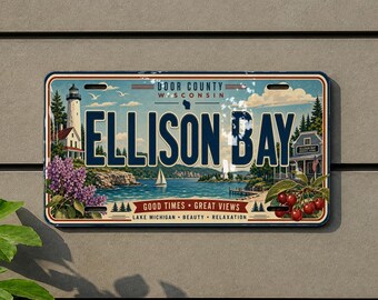 Ellison Bay Retro Style License Plate, Door County Wisconsin Souvenir Tag, Coastal Bay Travel Keepsake Plate