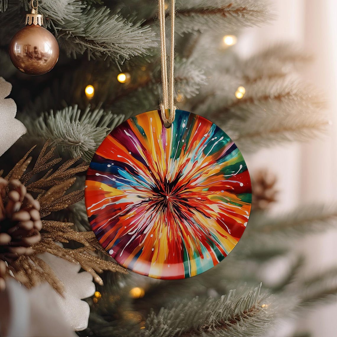 Circular Ceramic Ornament, Abstract Fireworks Design, Unique Home Decor