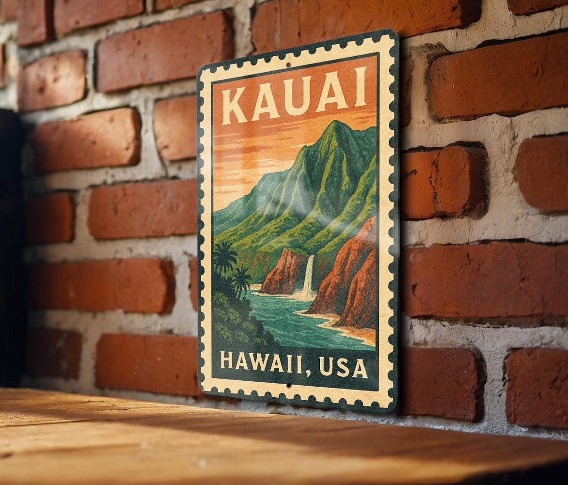 Kauai Hawaii Metal Sign – Vintage Stamp Style Wall Art, Tropical
