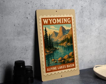 Wyoming Alpine Lakes Basin Metal Sign – Vintage Stamp Style Wall Art, Rustic Mountain Decor, Outdoor Adventure Gift
