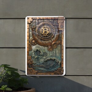 May include: A metal wall art piece with a steampunk design featuring a large gear with a bitcoin symbol in the center. The gear is surrounded by smaller gears and a wave design.