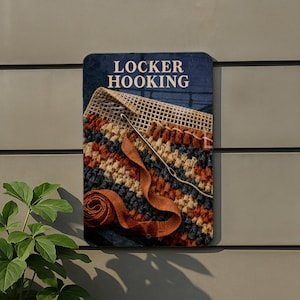 May include: A rectangular sign with the text LOCKER HOOKING in white letters. The image shows a piece of mesh fabric with orange, cream, and dark blue yarn loops, a metal locker hooking needle, and a coiled orange fabric strip.