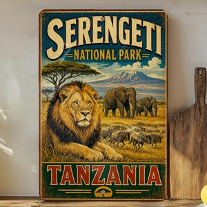May include: Vintage metal sign featuring a lion, elephants, and other wildlife in the Serengeti National Park, Tanzania. The sign has a distressed look with the words "SERENGETI NATIONAL PARK" and "TANZANIA" in bold lettering.