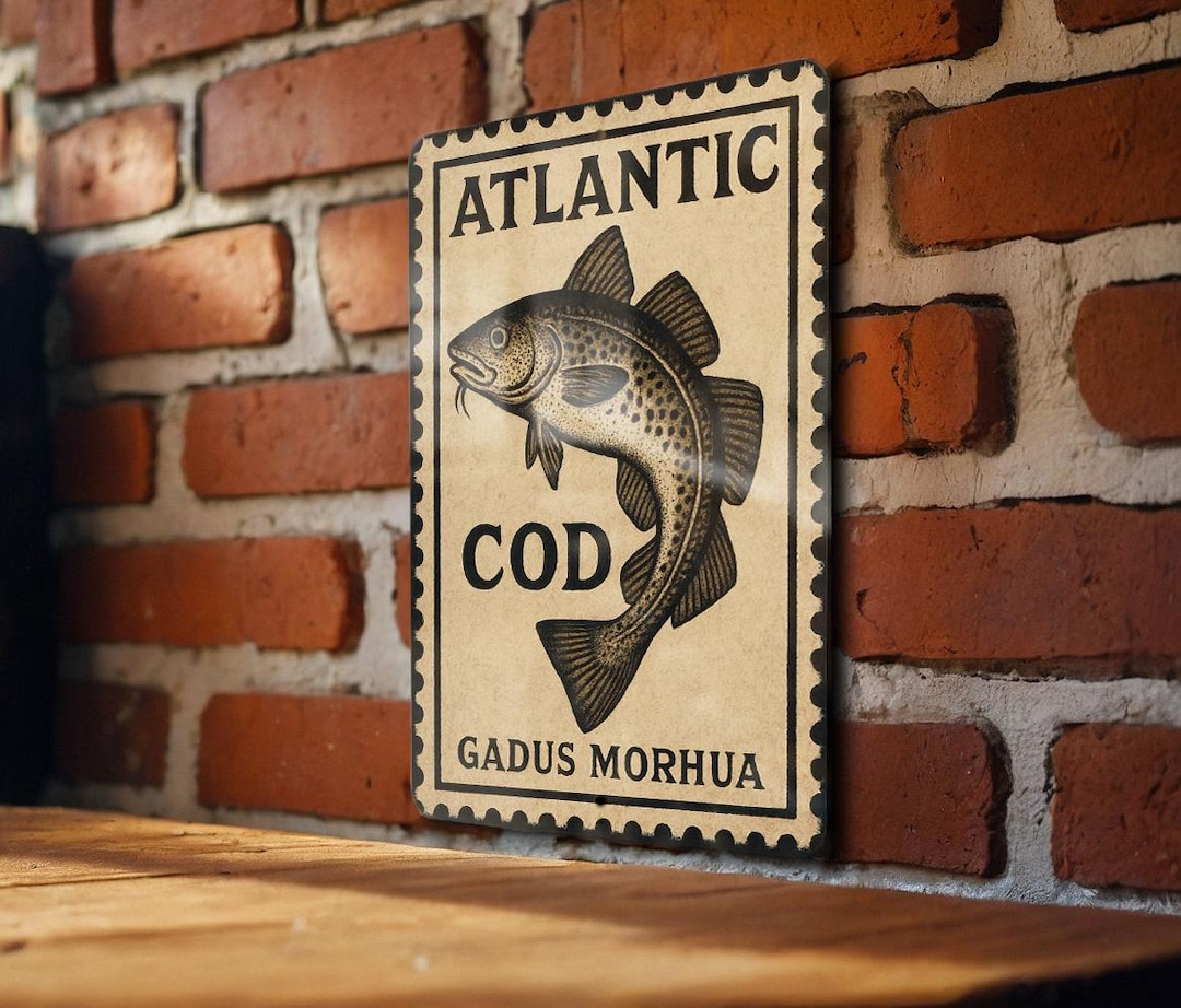 Atlantic Cod Metal Sign | Vintage Stamp Style Fish Wall Art | Coastal ...