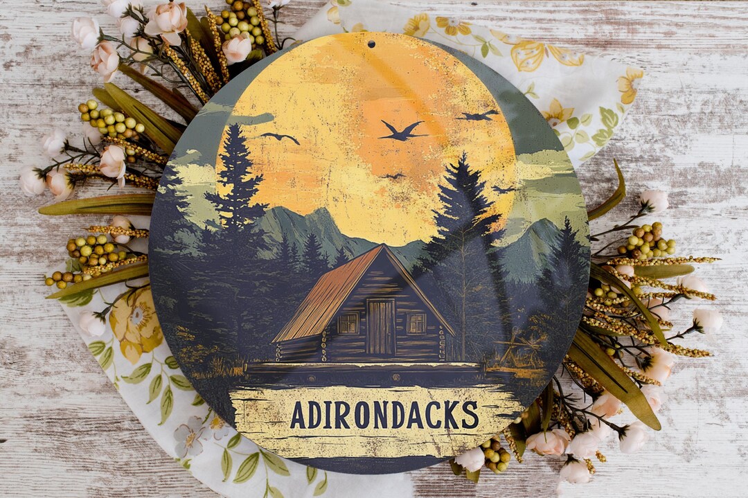 Rustic Cabin Retreat Round Metal Sign, Vintage Sky Decor, Adirondack ...
