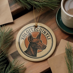 Xoloitzcuintli Dog Ceramic Ornament – Circular Stamp Style Art, Mexican Hairless Dog Holiday Decor, Pet Lover Gift