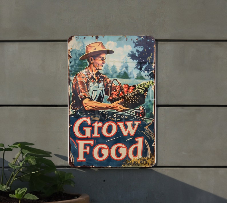 a sign on the side of a building that says grow food