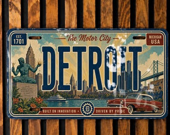 Puede incluir: Un letrero metálico rectangular con la palabra DETROIT en letras azules grandes. El diseño incluye la estatua Spirit of Detroit, un coche rojo antiguo, un puente y un barco. El texto dice EST. 1701, The Motor City, MICHIGAN USA, BUILT ON INNOVATION DRIVEN BY PRIDE.