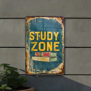Study Zone Metal Sign, Vintage Style, Book Illustration, Primary Colors ...