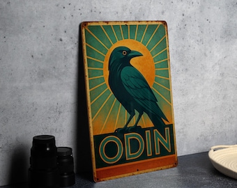 Art Deco Odin Raven Metal Sign – Vintage Travel Poster Style, Turquoise Gold Rays, Geometric Tin Wall Art, Patina Finish Decor