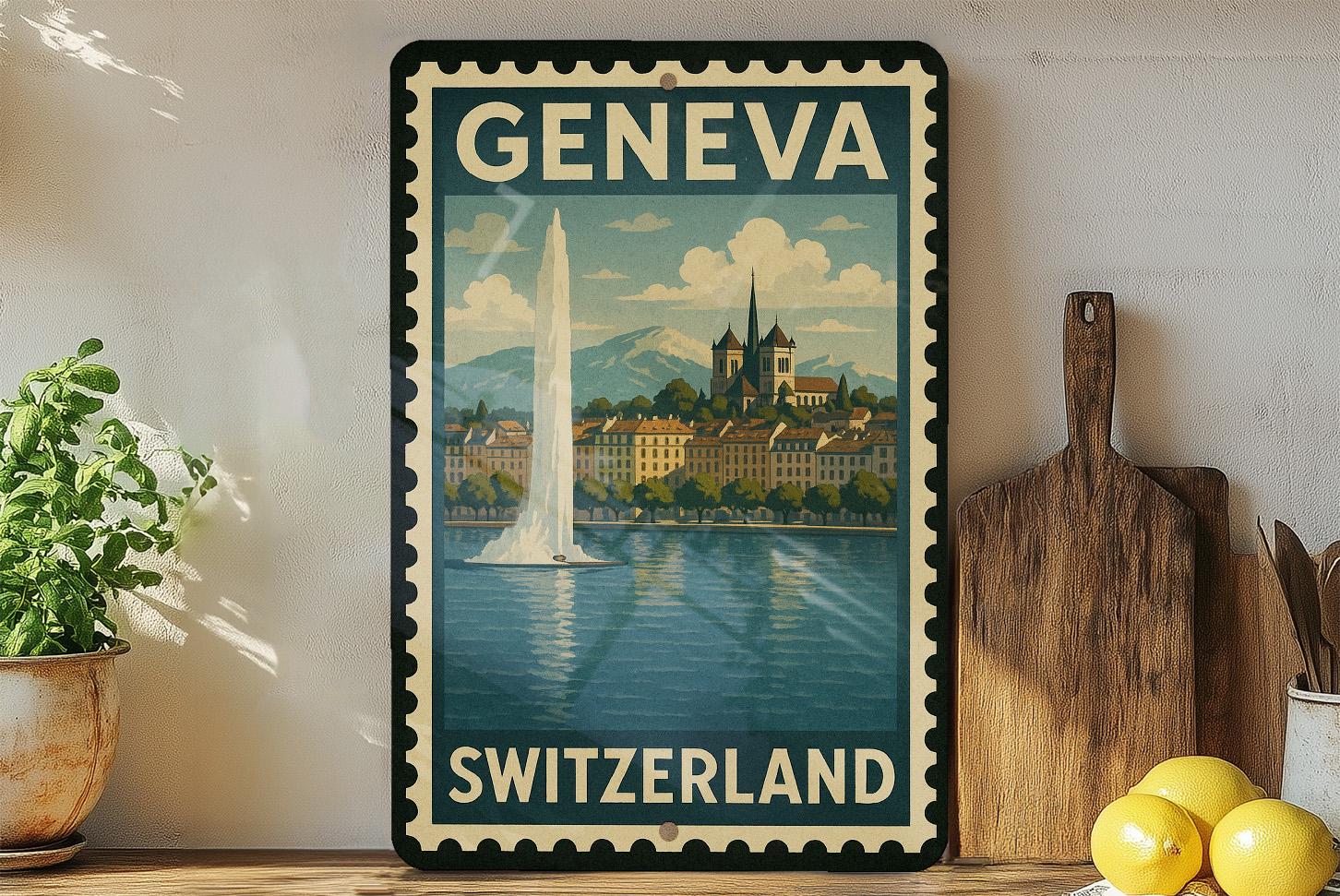 Geneva Switzerland Metal Sign – Vintage Travel Stamp Style Wall