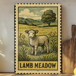 Lamb Meadow Metal Sign – Rustic Farmhouse Stamp Style Wall Art for Home, Barn, or Garden Décor